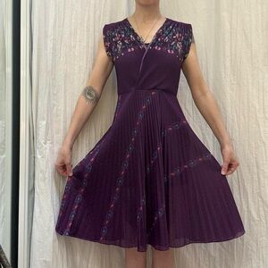 Purple Floral Midi Dress with Micro Pleated Skirt Vintage 70s